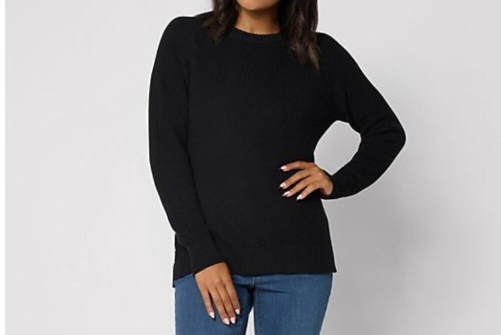Belle Kim Gravel Small Black Shaker Knit Raglan Sweater A714846 NWOT
